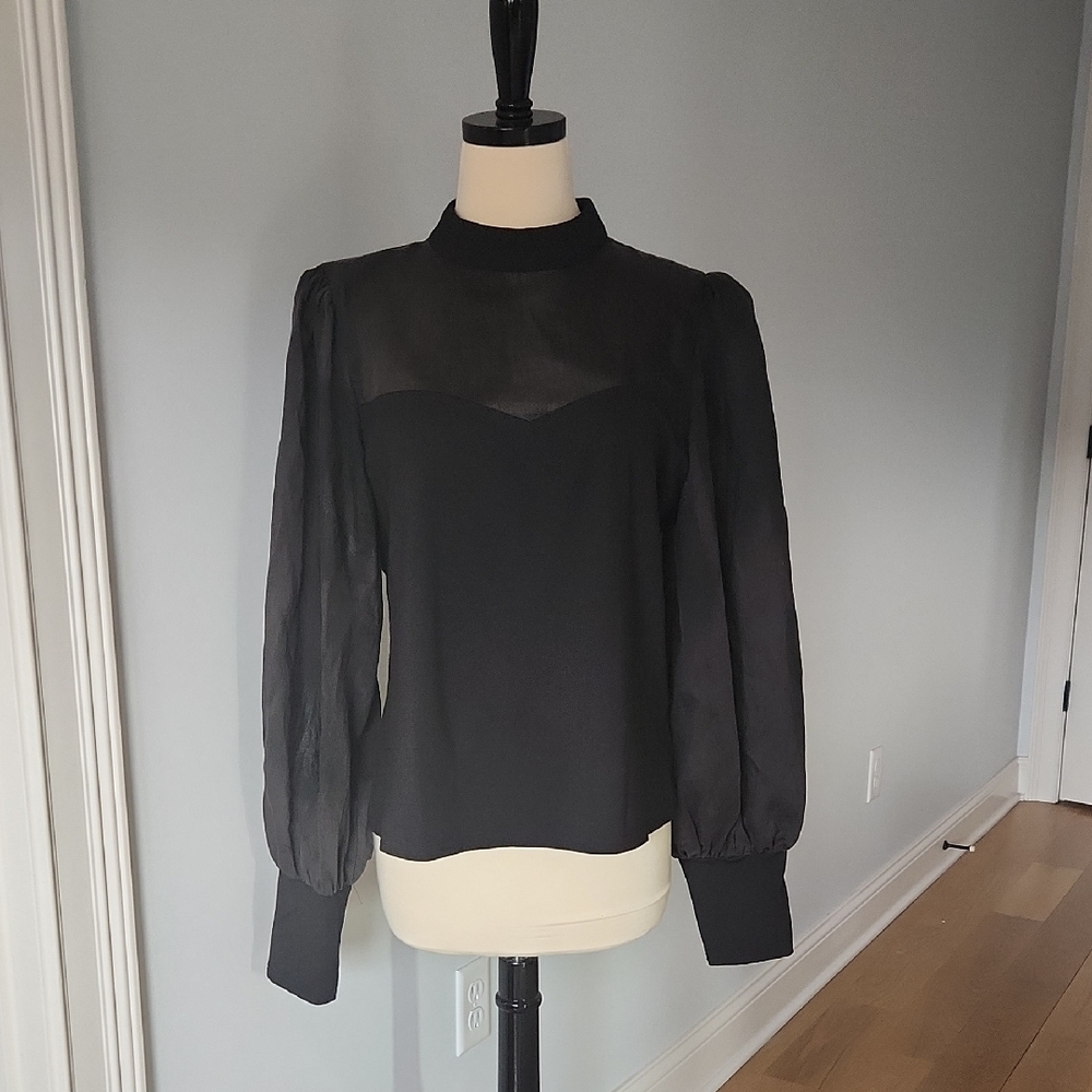 Anthropologie Flat White Mock Neck Puff Sleeve Blouse